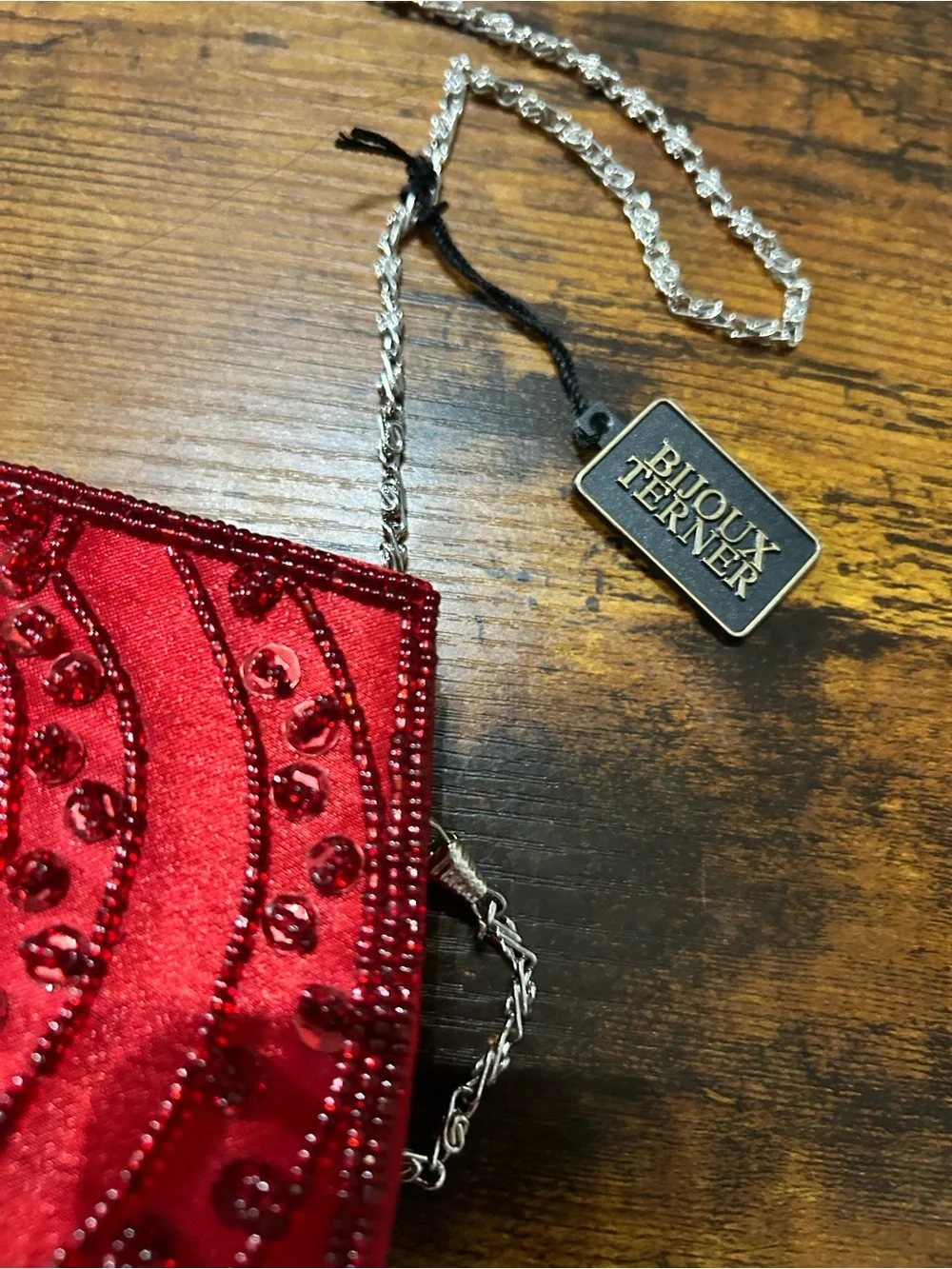 Bijoux Terner Red Beaded Evening Clutch with Chain